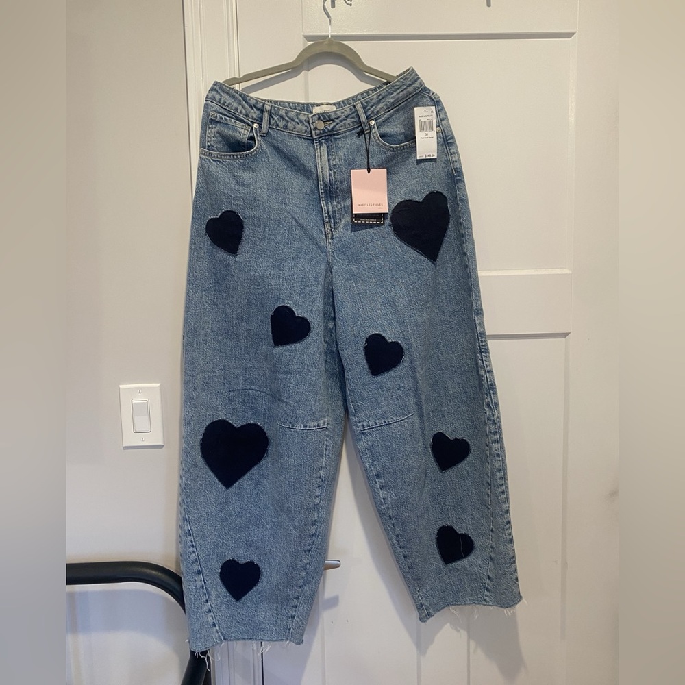 Avec Les Filles Light Blue Denim Jeans with Dark Denim Heart Patches (NWT)
